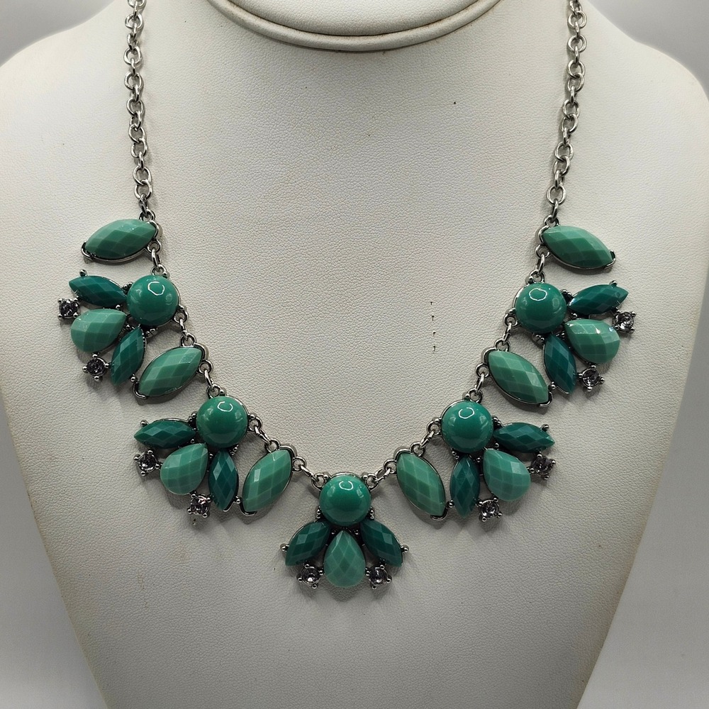 Charming Charlie Teal Green Cabochon Statement Necklace Silver Tone Rhinestone